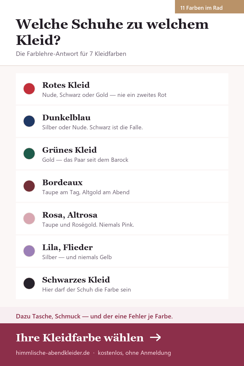 Welche Schuhe zu welchem Kleid? Schuhe, Tasche und Schmuck für 11 Kleidfarben nach der Farblehre — mit dem einen Fehler je Farbe